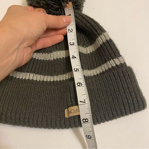 Columbia thick Knit Fleece lined unisex beanie hat gray striped pompom Adult - Picture 3 of 6
